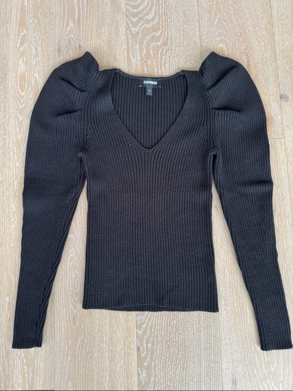 Express Black Ribbed V-Neck Puff Sleeve Sweater. Size Small.